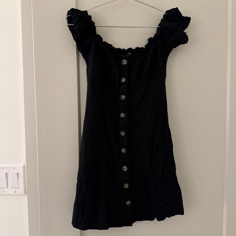 Forever 21 Black Ruffled Button-Front Mini Dress with Puff Shoulders